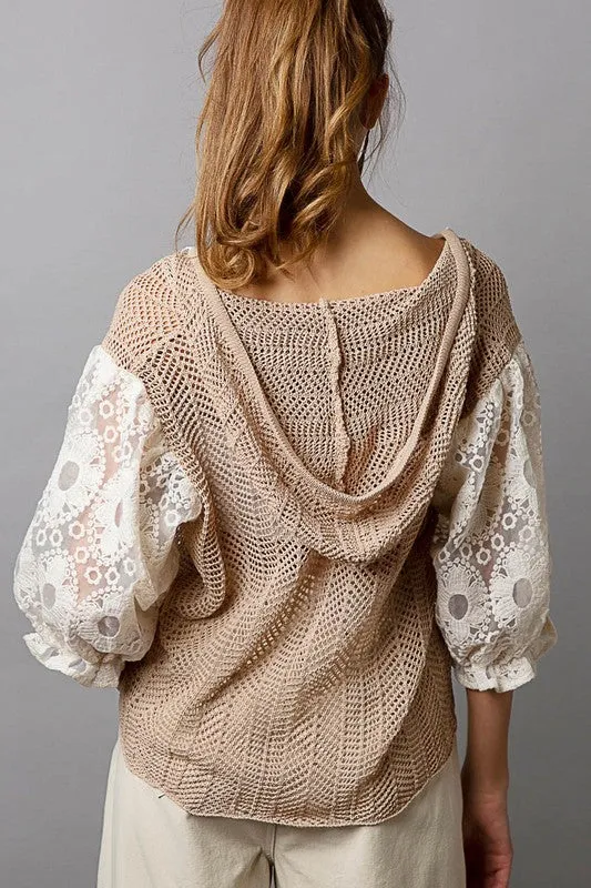 V-Neck Balloon Lace Sleeve Open Weaving Sweater