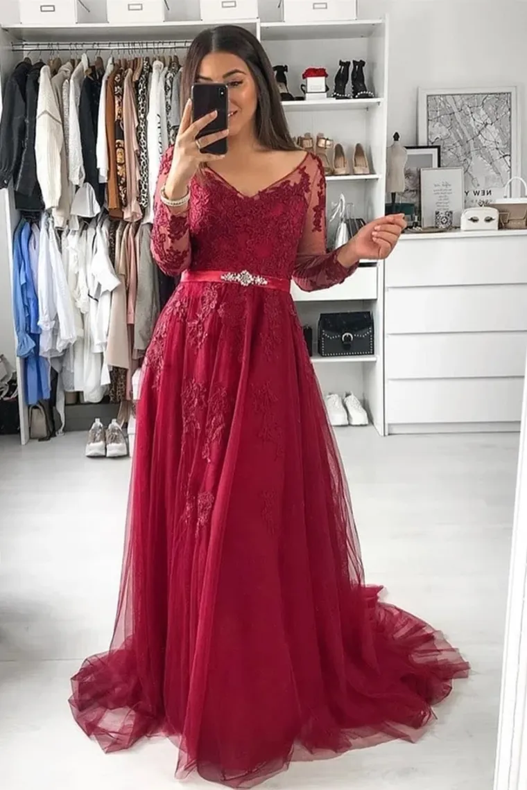 V Neck Long Sleeves A Line Appliqued Tulle Prom Dress With Beading STKPG4JK1K3