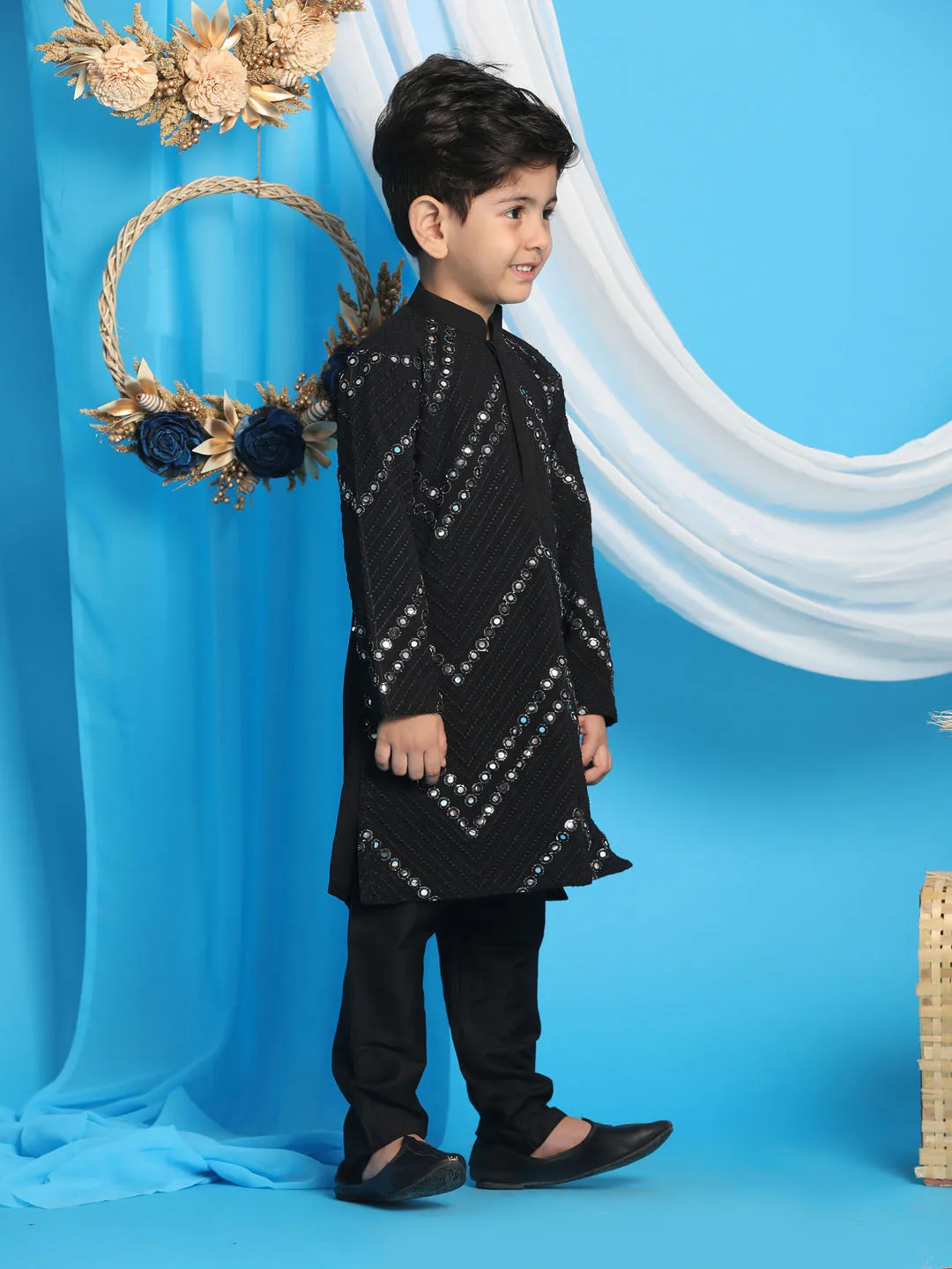 VASTRAMAY Black Mirror Kurta Pyjama Siblings Set