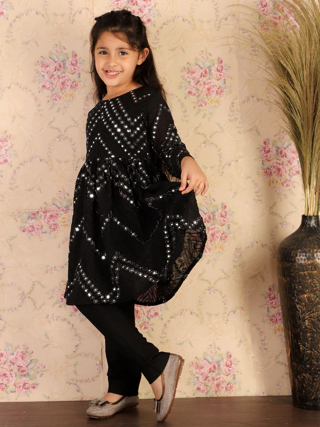 VASTRAMAY Black Mirror Kurta Pyjama Siblings Set