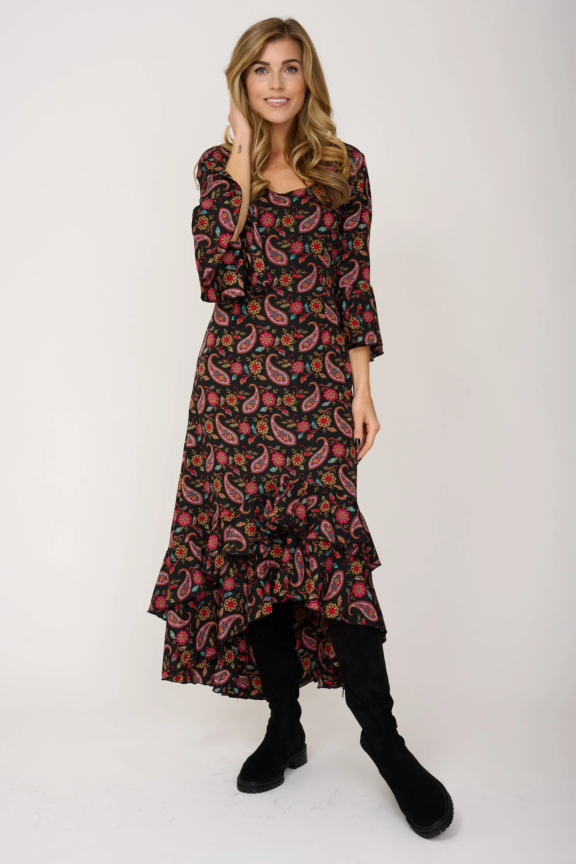 Victoria Midi Dress in Black Paisley