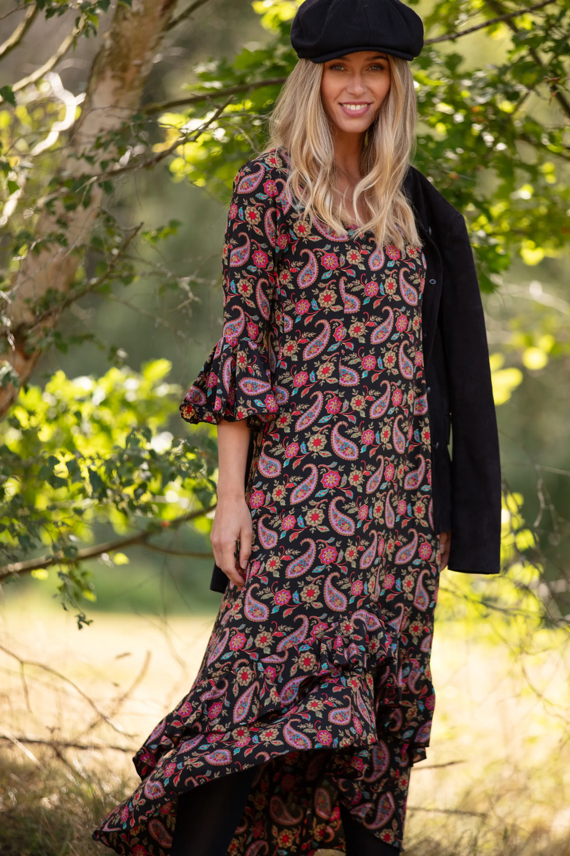 Victoria Midi Dress in Black Paisley