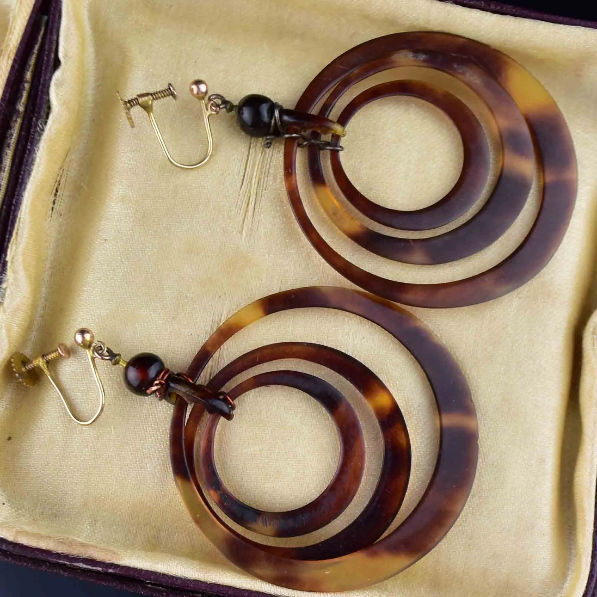 Victorian Triple Hoop Tortoise Shell Gold Earrings