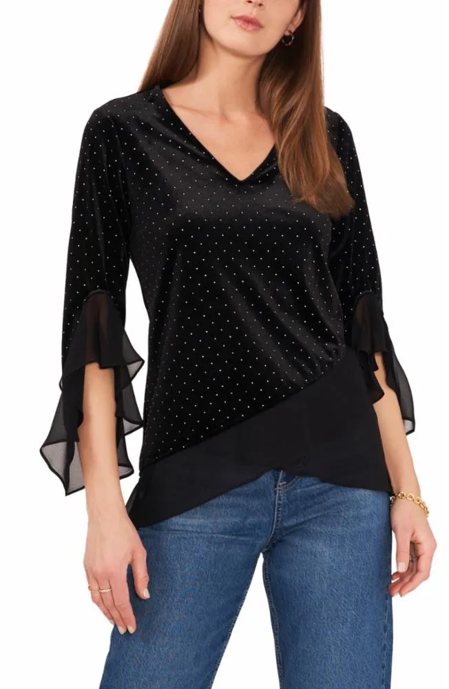 Vince Camuto Apparel V NECK WITH LAYERED BOTTOM AND RUFFLE SLV 060/RICH BLACK VC