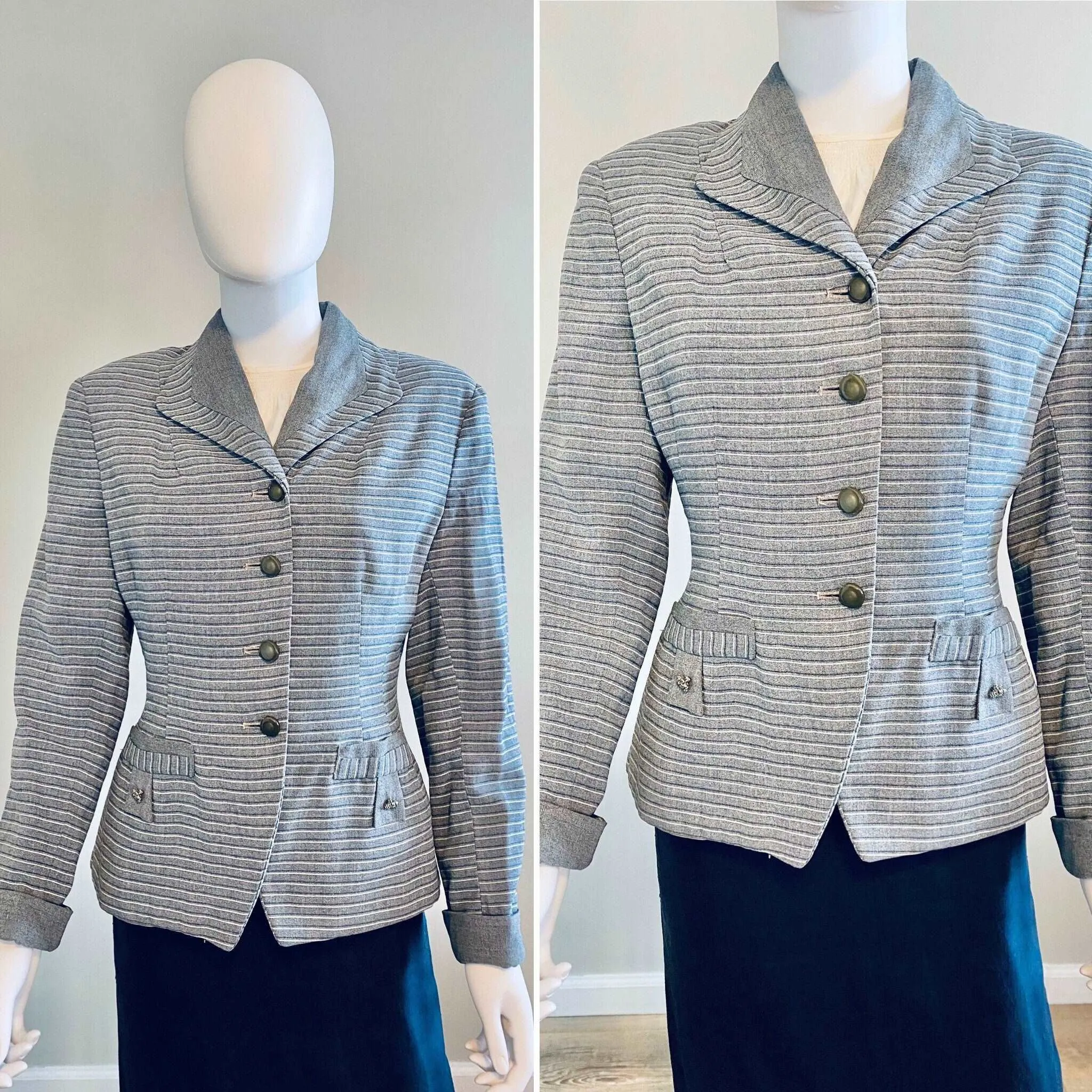 Vintage 1940s Grey Pinstriped Blazer / 40s suit jacket Size S M