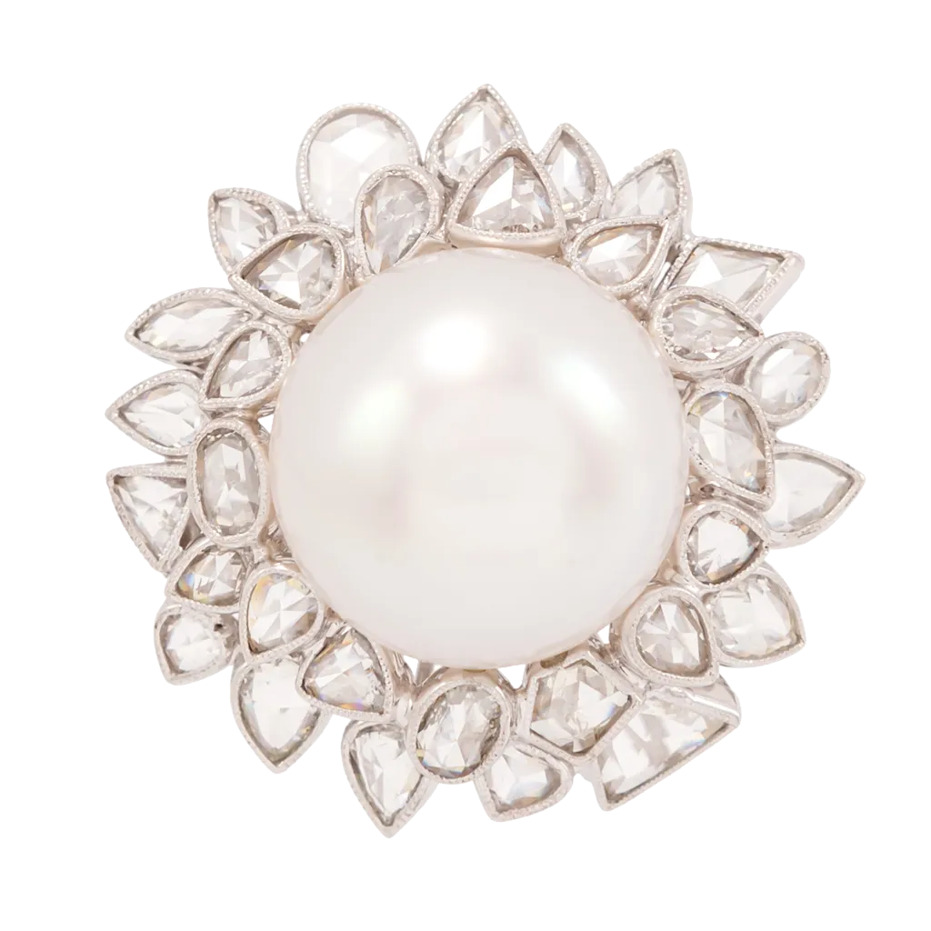 Vintage Pearl and Rose Cut Diamond Halo Ring