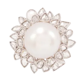 Vintage Pearl and Rose Cut Diamond Halo Ring