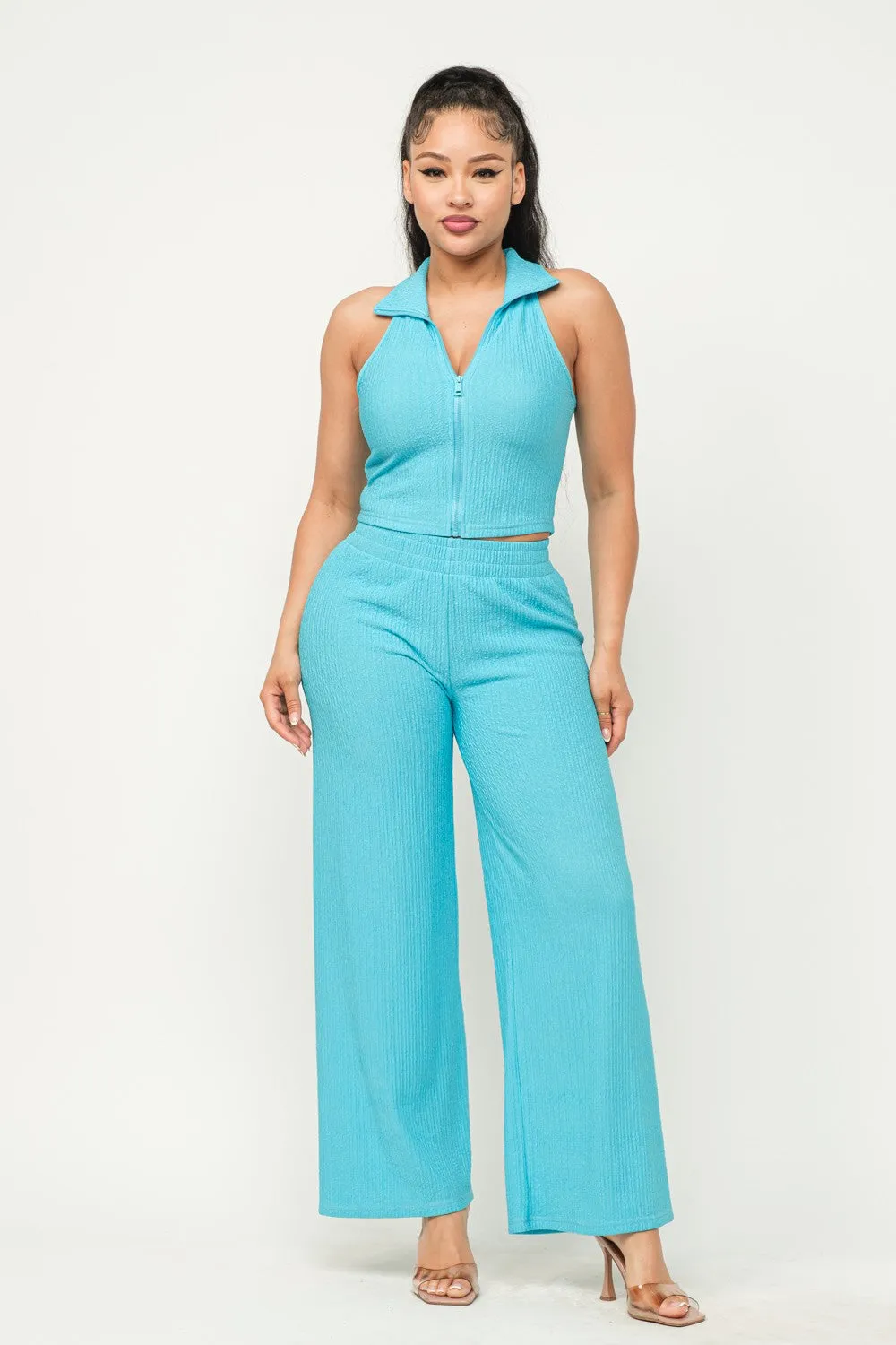 Winkle Textured Cropped Top / Pants Set