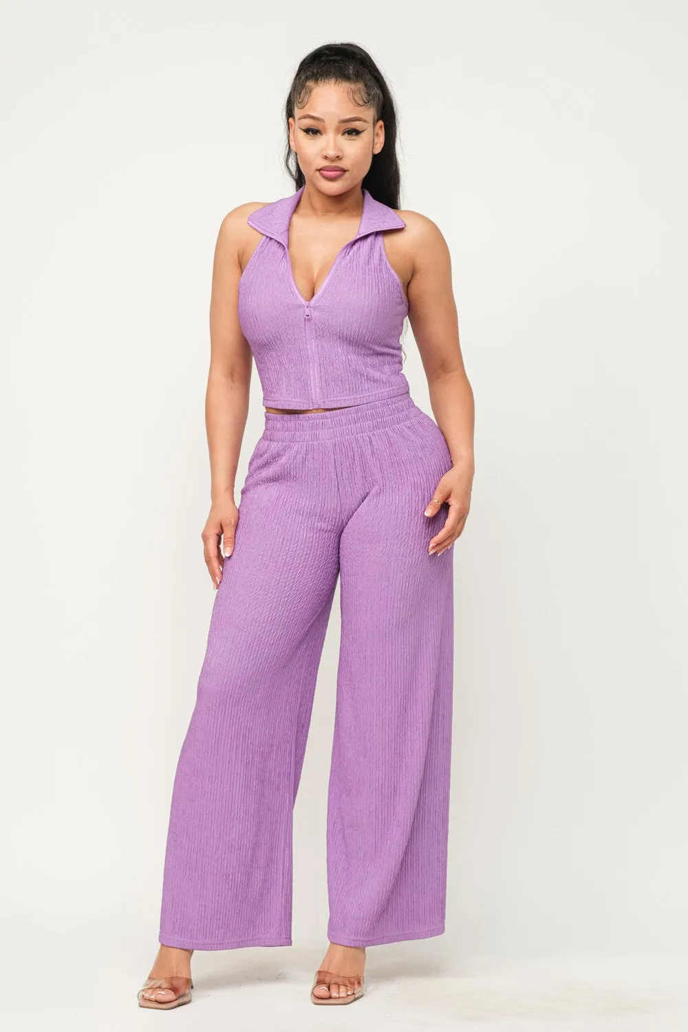 Winkle Textured Cropped Top / Pants Set