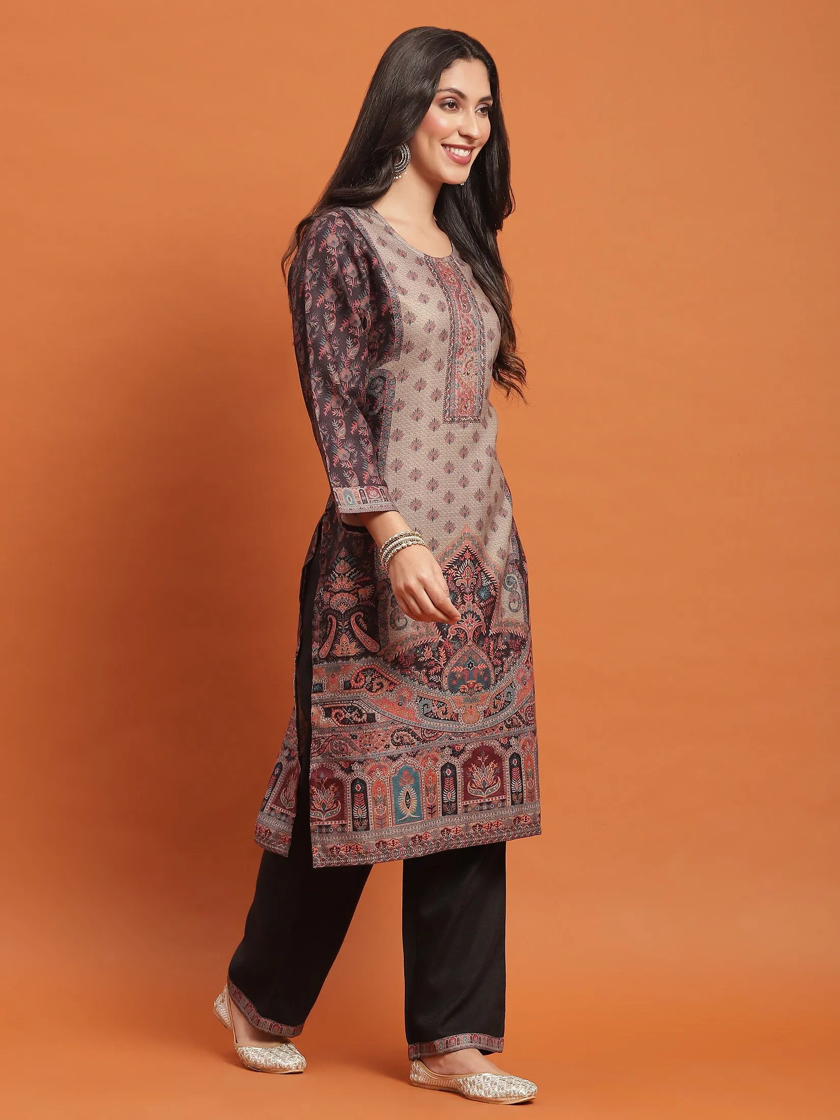 Women Black Paisley Print Kurta Comfort Pant Dupatta