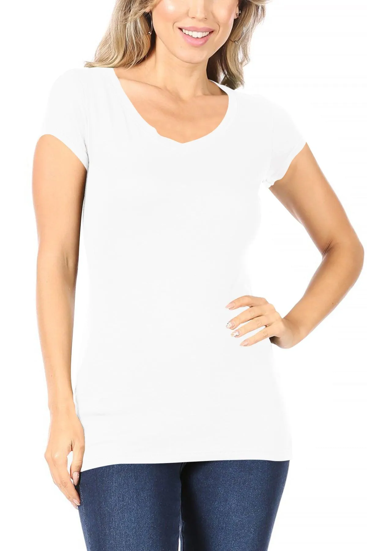 Women's Casual Solid V-Neck Short Sleeve Basic T-Shirt Top