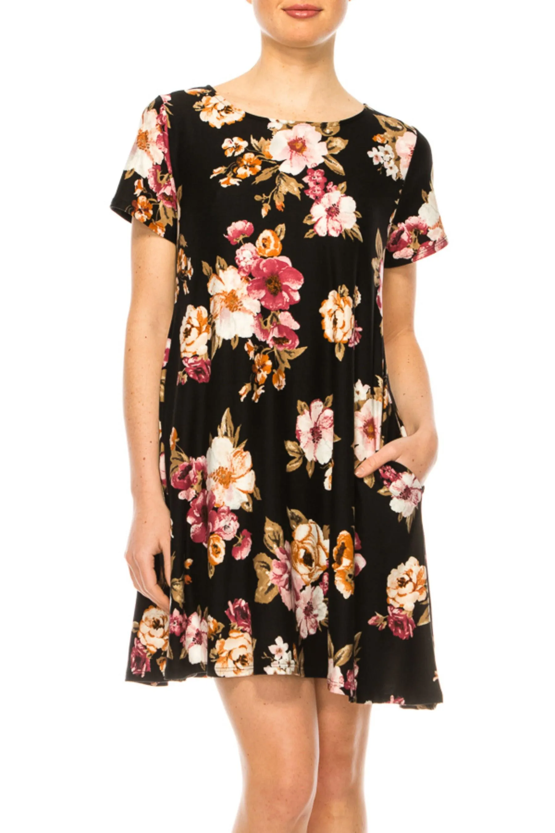 Women's Floral Short Sleeve Dress with Round Neckline and Side Pockets