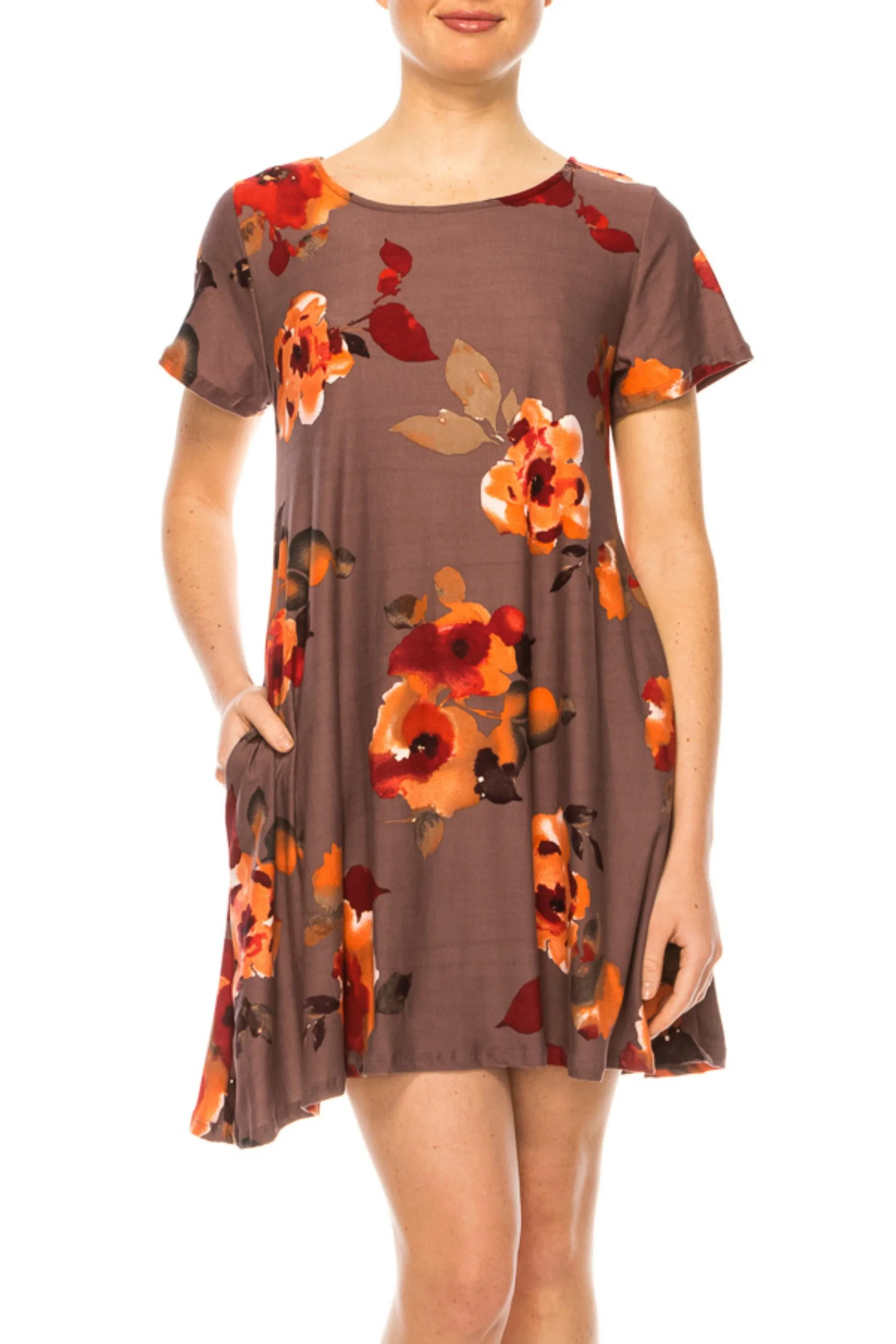 Women's Floral Short Sleeve Dress with Round Neckline and Side Pockets